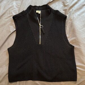 525 America Black Knit Sleeveless V-Neck Zip Pullover